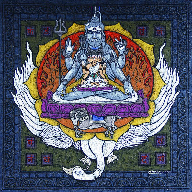 An intricate, textured devotional painting depicting the Manipuraka (solar plexus) chakra, featuring a blue-skinned, four-armed deity with a beard seated before a fiery red mandala and golden lotus petals, with a ram and a white swan positioned below.