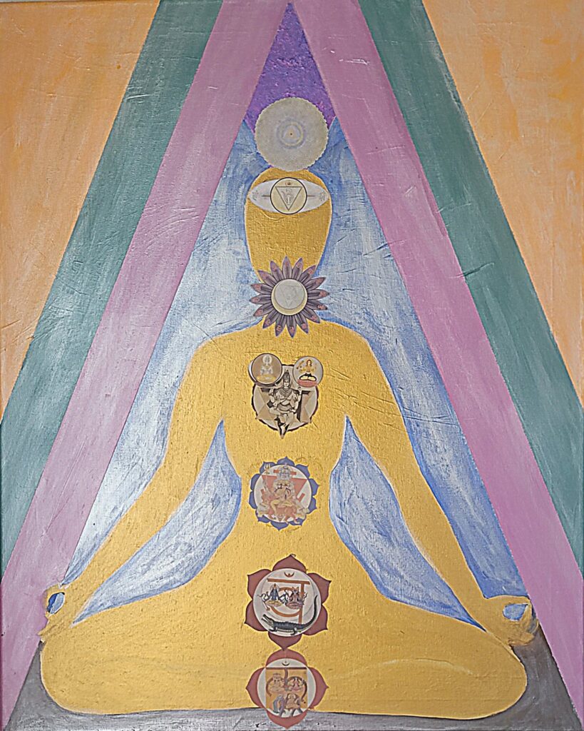 An original spiritual painting by Sarah Hope featuring a golden silhouette of a figure in a meditative seated posture. The piece depicts the traditional chakra system with intricate details within each center, set against a background of ascending purple and teal geometric triangles that create a sense of expansion and spiritual alignment.