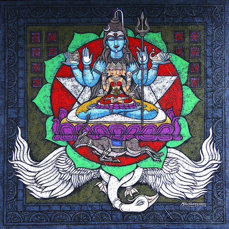 An intricate, textured devotional painting depicting the Anahata (heart) chakra, featuring a blue-skinned, four-armed Lord Shiva seated on a purple lotus before a red mandala with a six-pointed star, with a bounding black antelope and a white swan below.