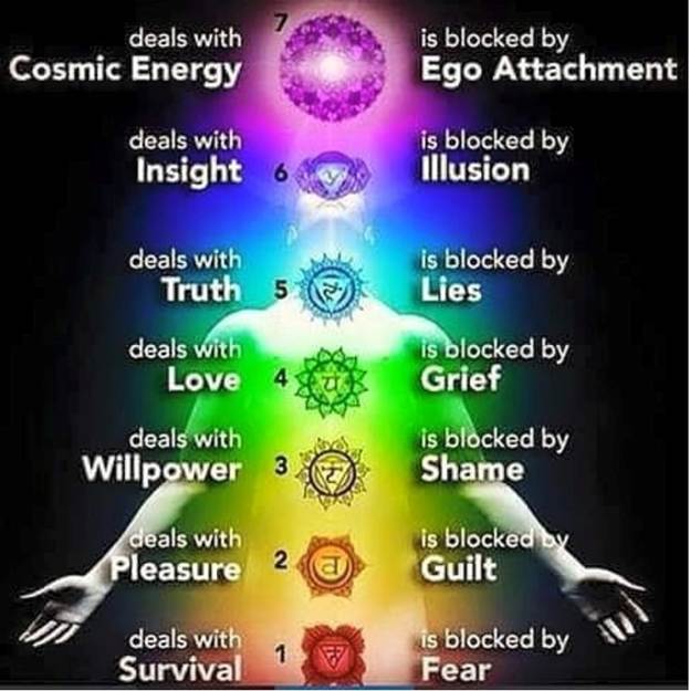 New age educational diagram illustrating the seven chakras and their spiritual functions. The chart lists what each center deals with (e.g., Survival, Willpower, Insight) and what blockages affect them (e.g., Fear, Shame, Illusion), aligned with a figure radiating prismatic light.