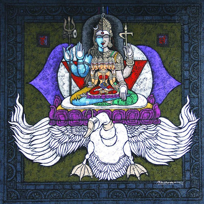 An intricate, textured painting depicting Ardhanarishvara (the half-male, half-female form of Shiva and Parvati) seated above a large white swan with outstretched wings, symbolizing the Ajna chakra.