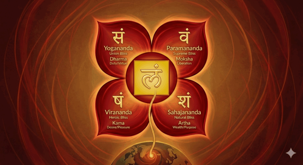 An intricate, glowing mandala of the Root Chakra. It features the Sanskrit characters for the petals (Vaṁ, Śaṁ, Ṣaṁ, Saṁ)