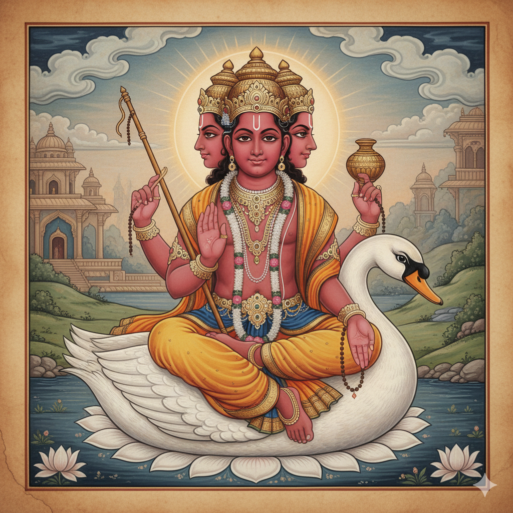 Depiction of the four-faced creator god Brahma seated on a white swan (Hamsa), symbolizing the creative potential within the Root Chakra.