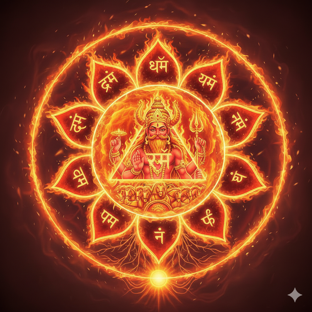 A vibrant, fiery illustration of the Manipura Chakra. In the center, the fire god Agni is depicted within a glowing red triangle, surrounded by ten flaming lotus petals. Each petal is inscribed with a Sanskrit bija mantra. The entire diagram is encircled by a ring of intense solar fire and golden energy roots at the base.