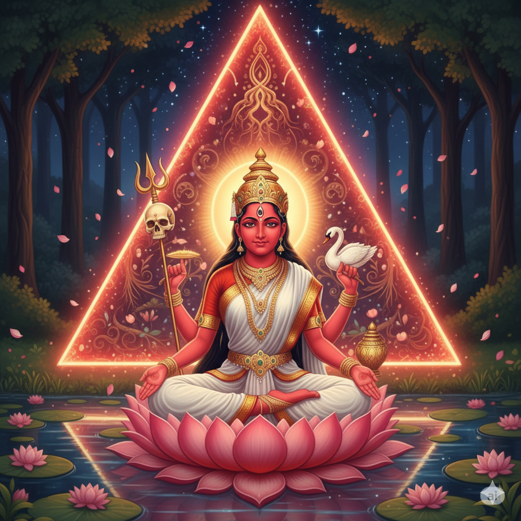 Illustration of Dakini Shakti, the presiding goddess of the Muladhara Chakra, depicted with red skin and three eyes. She is seated on a lotus within a glowing golden triangle, holding a skull-topped trident and a swan, surrounded by a forest landscape.
