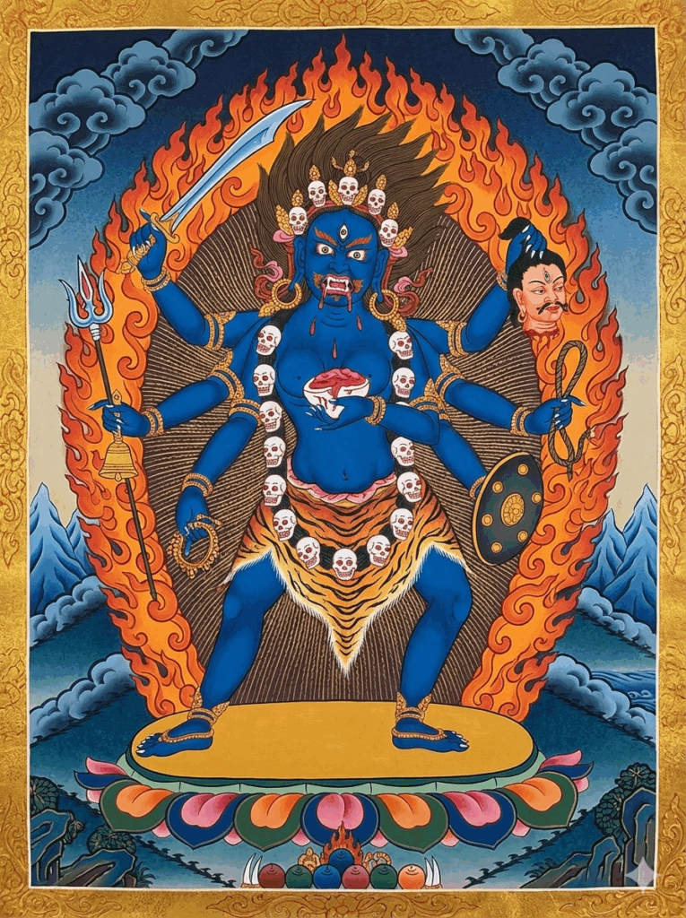 A traditional Thangka painting of the fierce goddess Bhadra-kali. She has deep blue skin, eight arms holding a sword, a severed head, a trident, and a shield, and wears a garland of skulls. She stands within a ring of vibrant orange flames on a lotus pedestal, set against a backdrop of dark clouds and mountains.