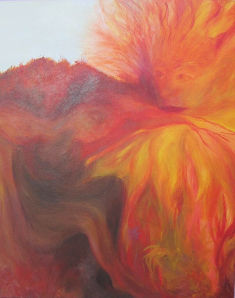 Original visionary painting of the Manipura Chakra by Sarah Hope, depicting a powerful volcano erupting with radiant yellow and golden energy.