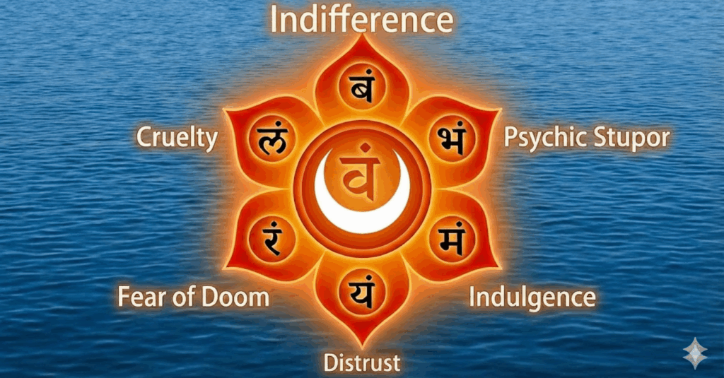 A stormy ocean with six ripples representing the emotional challenges and mental disturbances (Vrittis) of the Sacral Chakra.