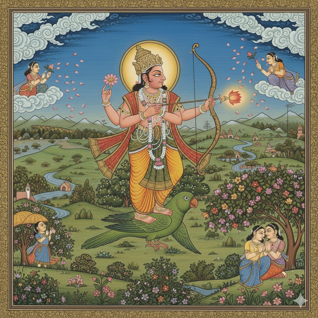 Traditional painting of the deity Kama standing on a large green parrot in a rolling landscape, holding a bow and aiming a lotus arrow. Floating in the clouds above is the goddess Lakini holding a lotus arrow, representing refined desire and spiritual focus using the bīja mantra KLIM.