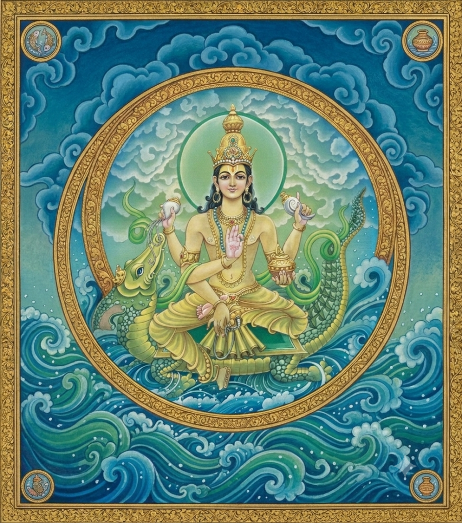 Traditional painting of the deity Varuna seated on his green sea-monster vehicle, Makara, amidst crashing blue ocean waves. He has four arms, holding conch shells in his upper hands and a golden pot of nectar in his lower left hand, while his central right hand is raised in a gesture of blessing against a sky filled with soft clouds.