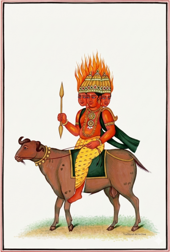 High-resolution traditional painting of Agni Deva, the Vedic God of Fire, riding a ram vahana. The deity features three heads crowned with a blaze of sacred flames, holding a golden spear of transformation. This iconography represents the fire element, Tejas, anchoring the Manipura chakra.