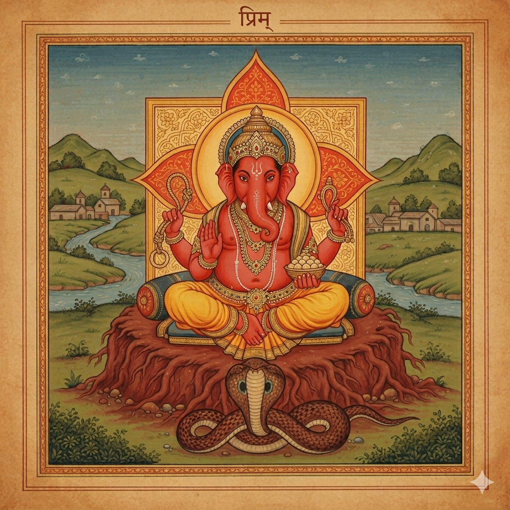 Traditional painting rendering Ganesha in vermillion red, seated on a throne above a coiled serpent. His upper right hand holds the golden pasha (noose/lasso) and his left holds a bowl of modak sweets. The Pasha is a spiritual tool used to lasso devotees, binding material obstacles to ensure safe passage on the spiritual path.