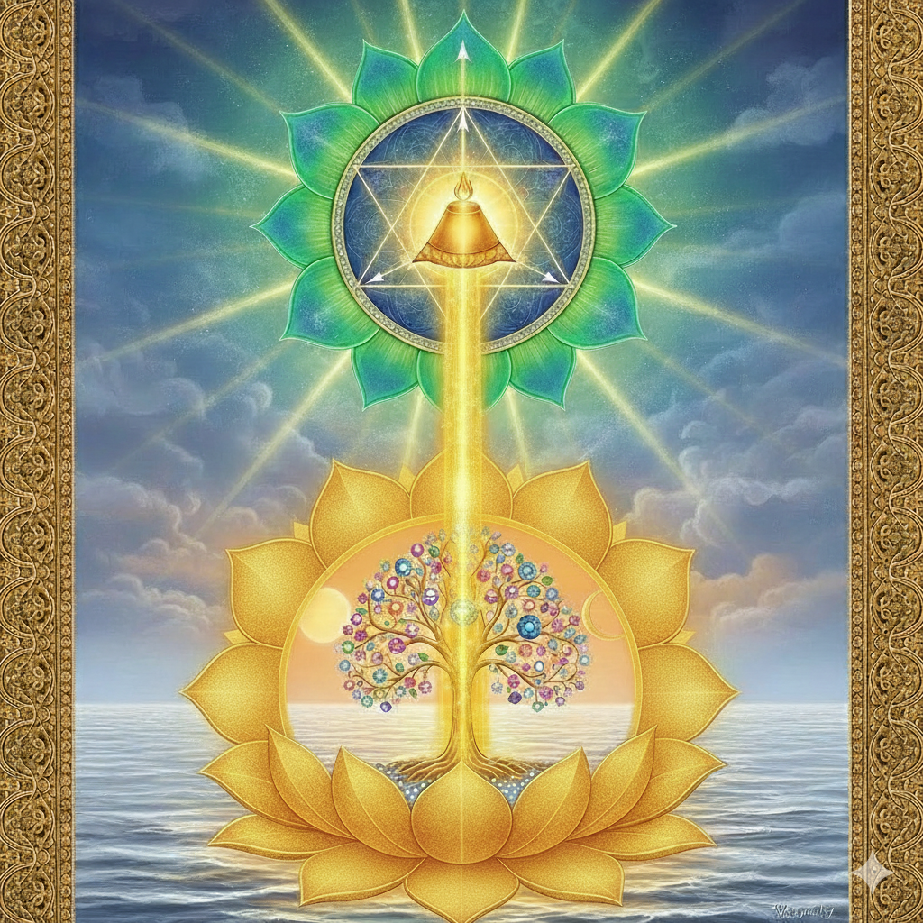 Tantric diagram of the Sushumna Nadi connecting the Hrit Chakra wish-fulfilling tree to the Anahata Chakra hexagram.