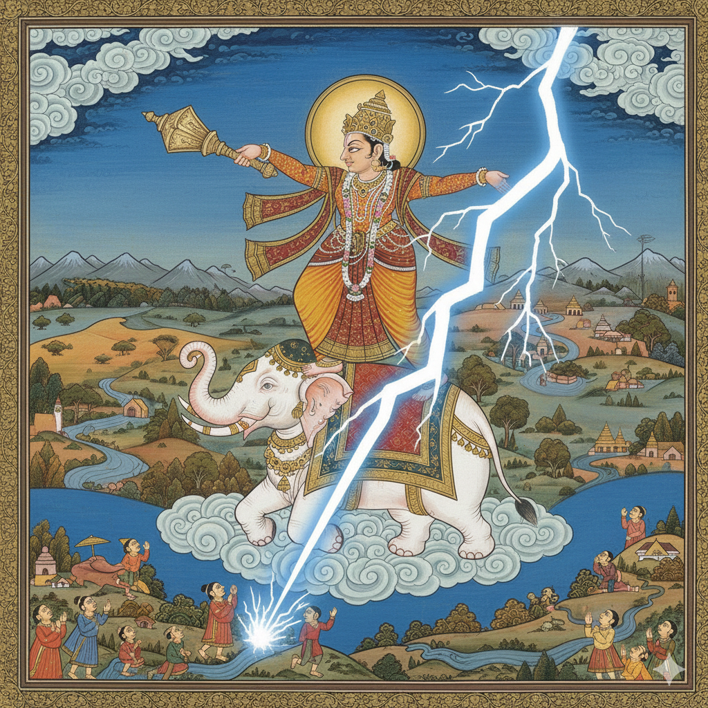 A traditional Indian-style painting of Lord Indra, King of the Gods, riding the white elephant Airavata and wielding a lightning bolt over a lush landscape.