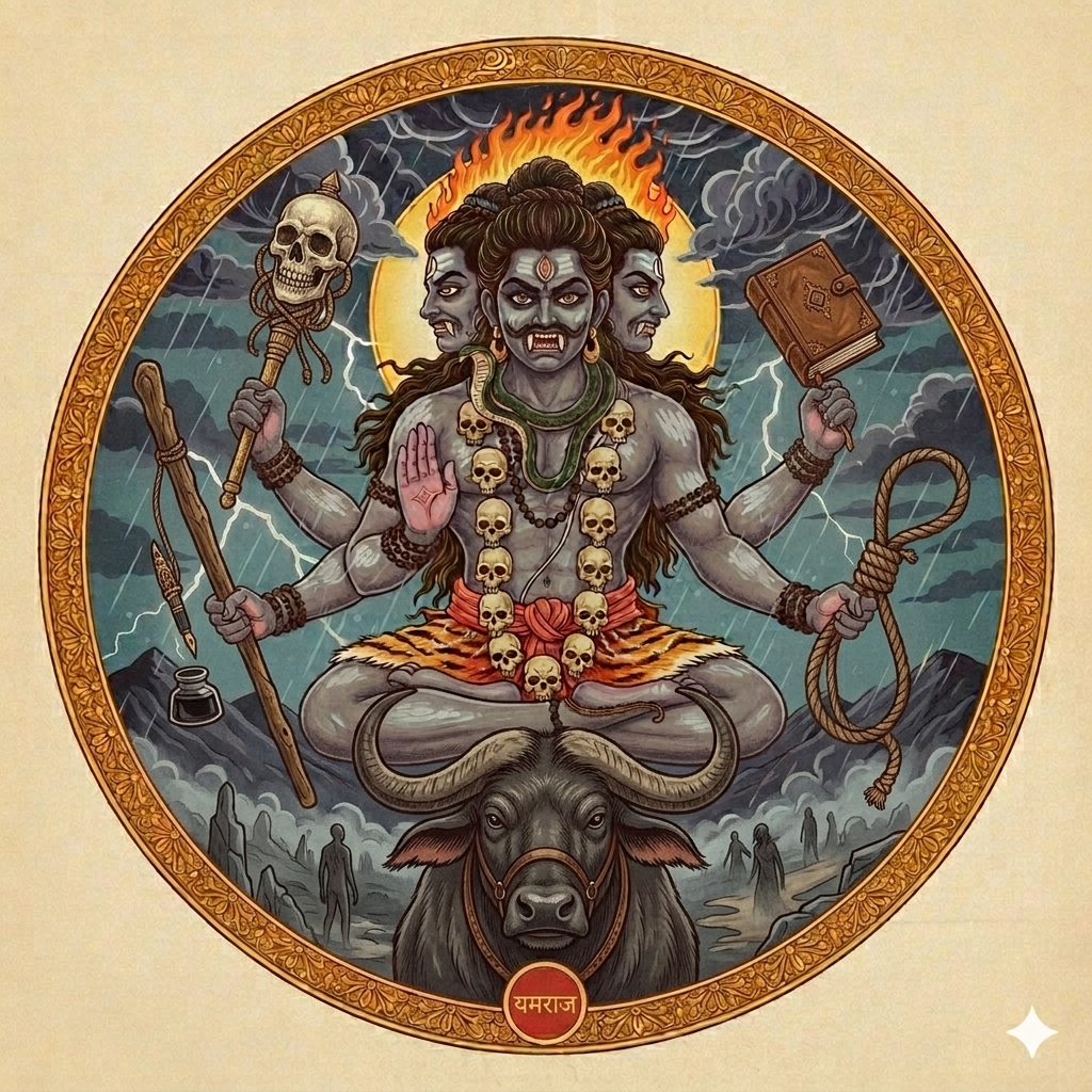 Detailed circular illustration of the Hindu deity Lord Yama with three faces, riding a water buffalo, holding a skull staff, book, and noose amid a thunderstorm.
