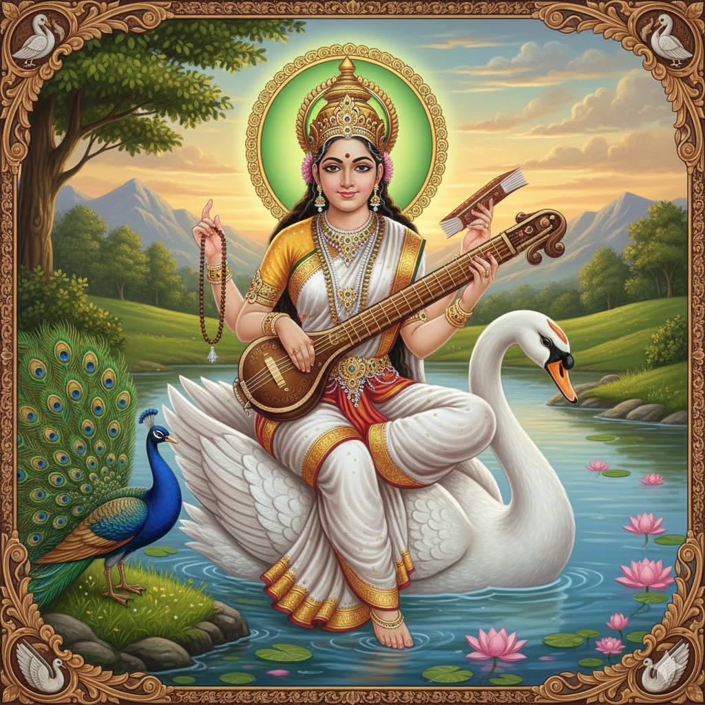A divine illustration of Goddess Saraswati seated upon a white swan, holding a Veena stringed instrument. A vibrant peacock stands beside her, representing worldly beauty and the arts, while the swan symbolizes spiritual discrimination and purity.