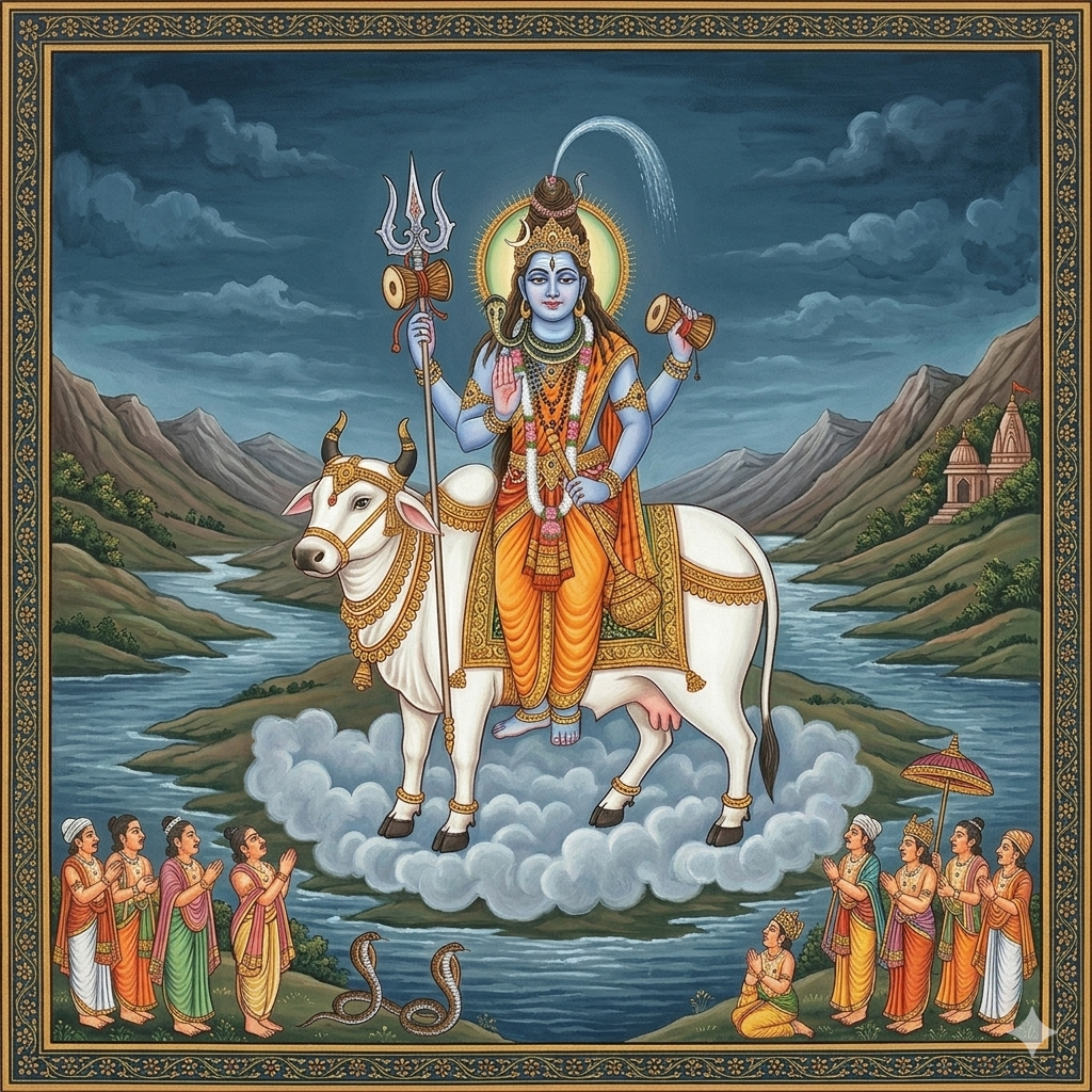 Traditional Indian painting of Lord Shiva holding a trident or trishula while riding his white bull vehicle Nandi over a river landscape.