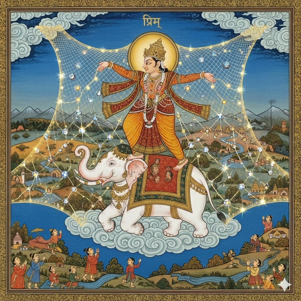 Traditional painting of the deity Indra standing atop the white elephant Airavata in the clouds, casting a vast golden net across the sky and landscape. The net features shining jewels at every intersection and the Sanskrit character PRIM inscribed at the top, representing interconnectedness and emptiness.