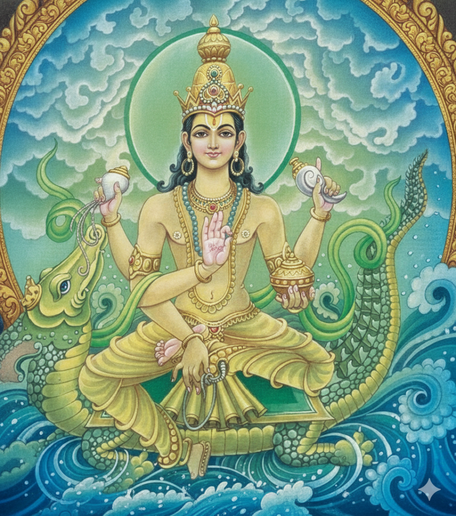 Lord Vishnu riding on a sea monster, in green and a blue sea
