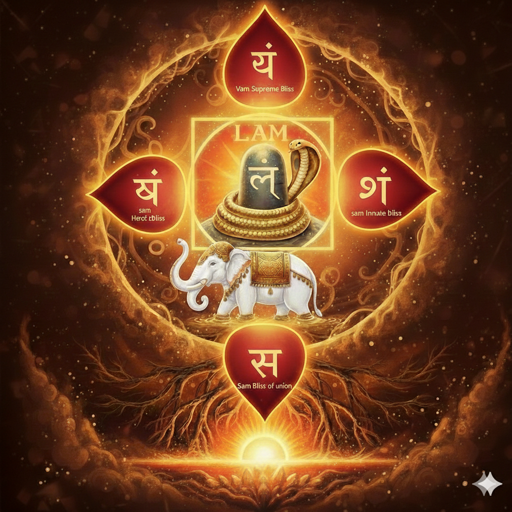 A visionary Muladhara Chakra mandala featuring the central Shiva Lingam and cobra, a white elephant, and four red petals labeled with the blisses: Supreme Bliss, Innate Bliss, Heroic Bliss, and Bliss of Union.