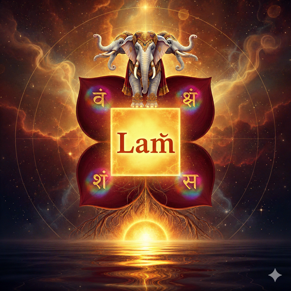 A radiant illustration of the Muladhara Chakra's central LAM mantra inside a glowing square, supported by tree roots and a multi-headed elephant under a golden sun.