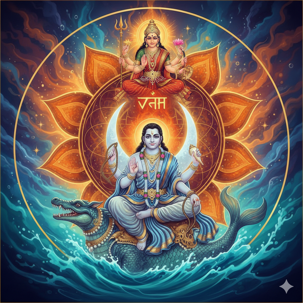 Lord Vishnu, the blue-complexioned presiding deity of the Svadhishthana Sacral Chakra, holding a conch, discus, mace, and lotus.