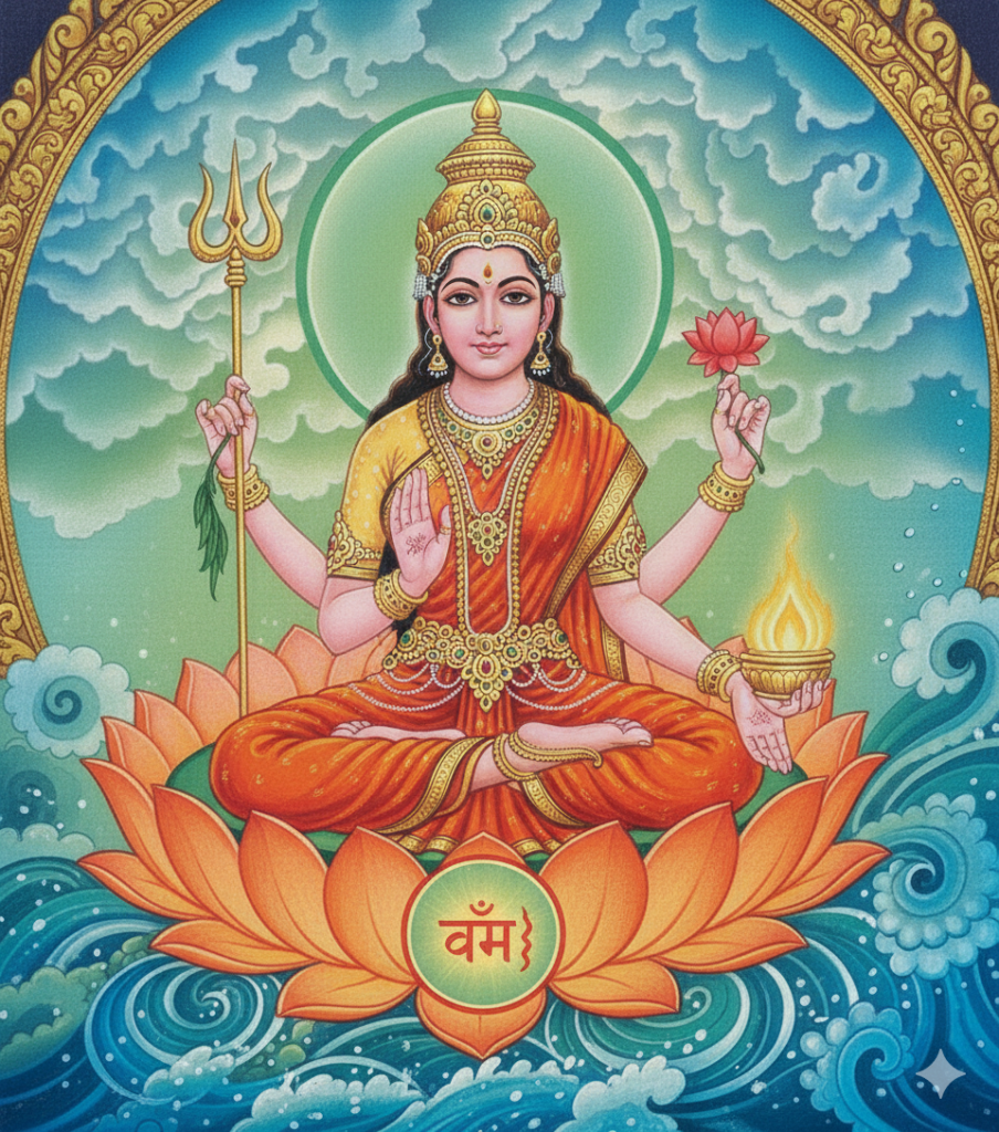 Traditional painting of Goddess Rakini, the presiding Shakti of the Svadhishthana, seated on a lotus amidst ocean waves holding a trident and lotus.