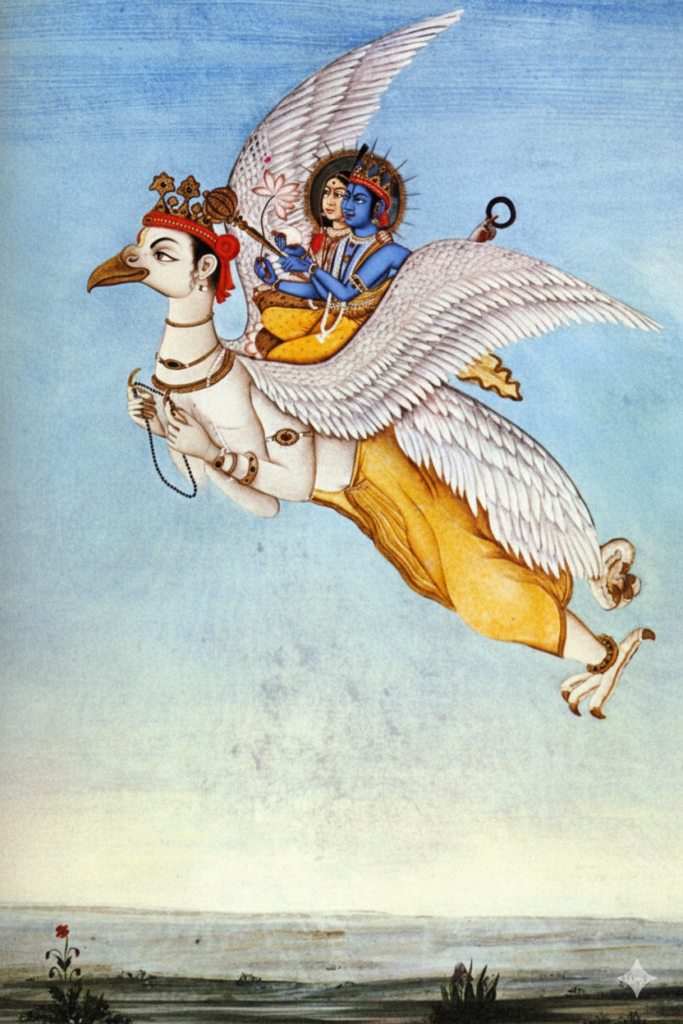 Luminous blue Lord Vishnu wearing golden raiment and a green scarf, representing the life-sustaining energy of the primeval waters in the Sacral Chakra.