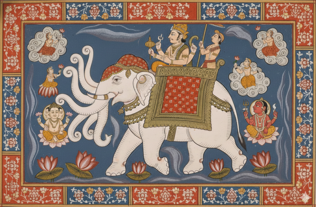Traditional Hindu painting of Lord Indra on the seven-trunked white elephant Airavata, surrounded by Lord Brahma and Dakini Shakti at the Muladhara Root Chakra.