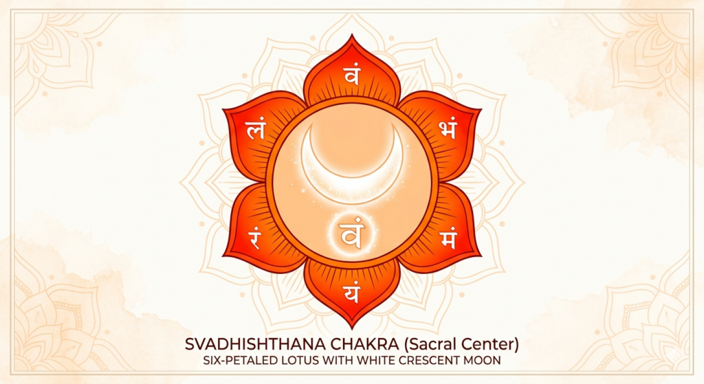 A traditional Svadhishthana (Sacral) Chakra diagram featuring a six-petaled orange lotus with a white crescent moon and the Sanskrit Bija Mantra VAM in the center.