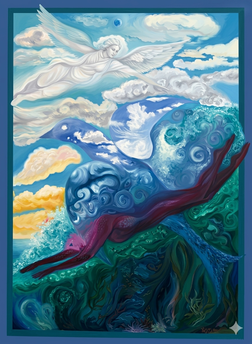 Original visionary painting by Sarah Hope titled "Diving into the Depths of Emotions," featuring a figure plunging into blue ocean waves and a bird-like form in the clouds, representing the Svadhishthana chakra.