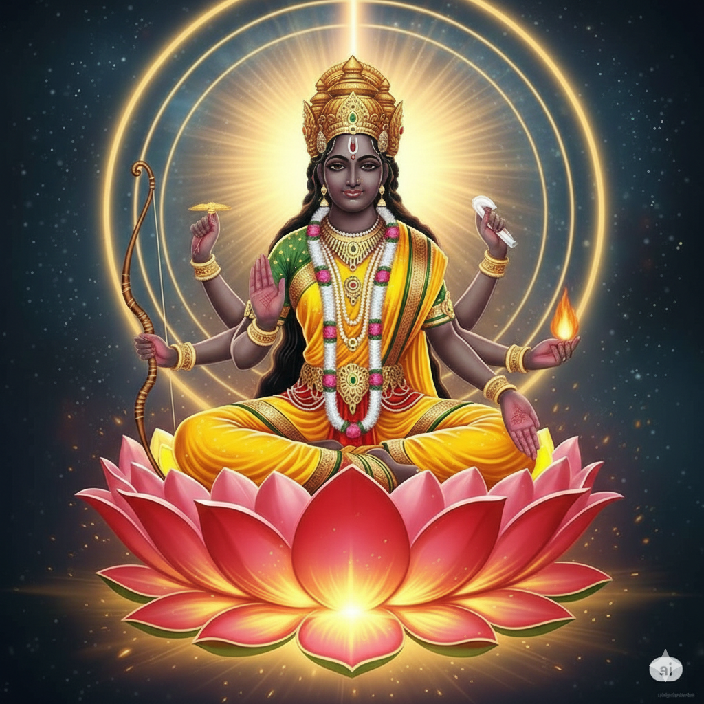 Goddess Lakini Shakti, the divine feminine energy of the Manipura Chakra, depicted with dark skin and three faces, dressed in yellow and holding a bow, arrow, and fire while seated on a pink lotus.
