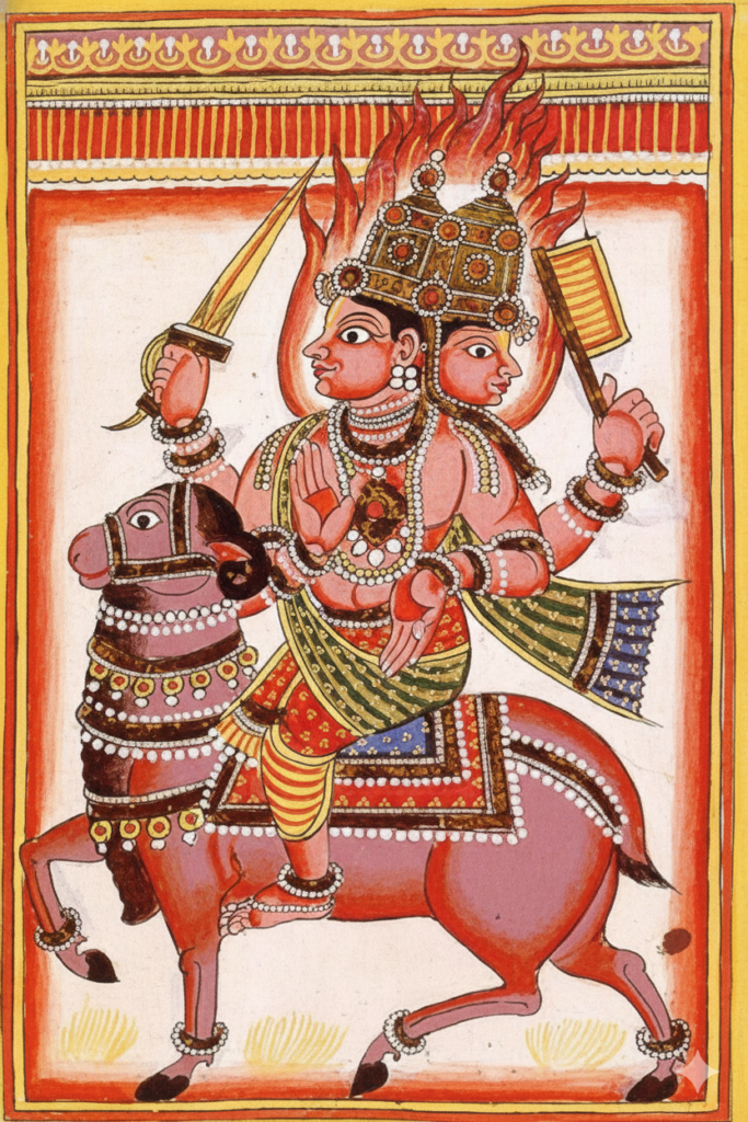 Classical Indian painting of Lord Agni with two faces and multiple arms, holding a sword and a fan, riding a decorated ram against a fiery orange background.