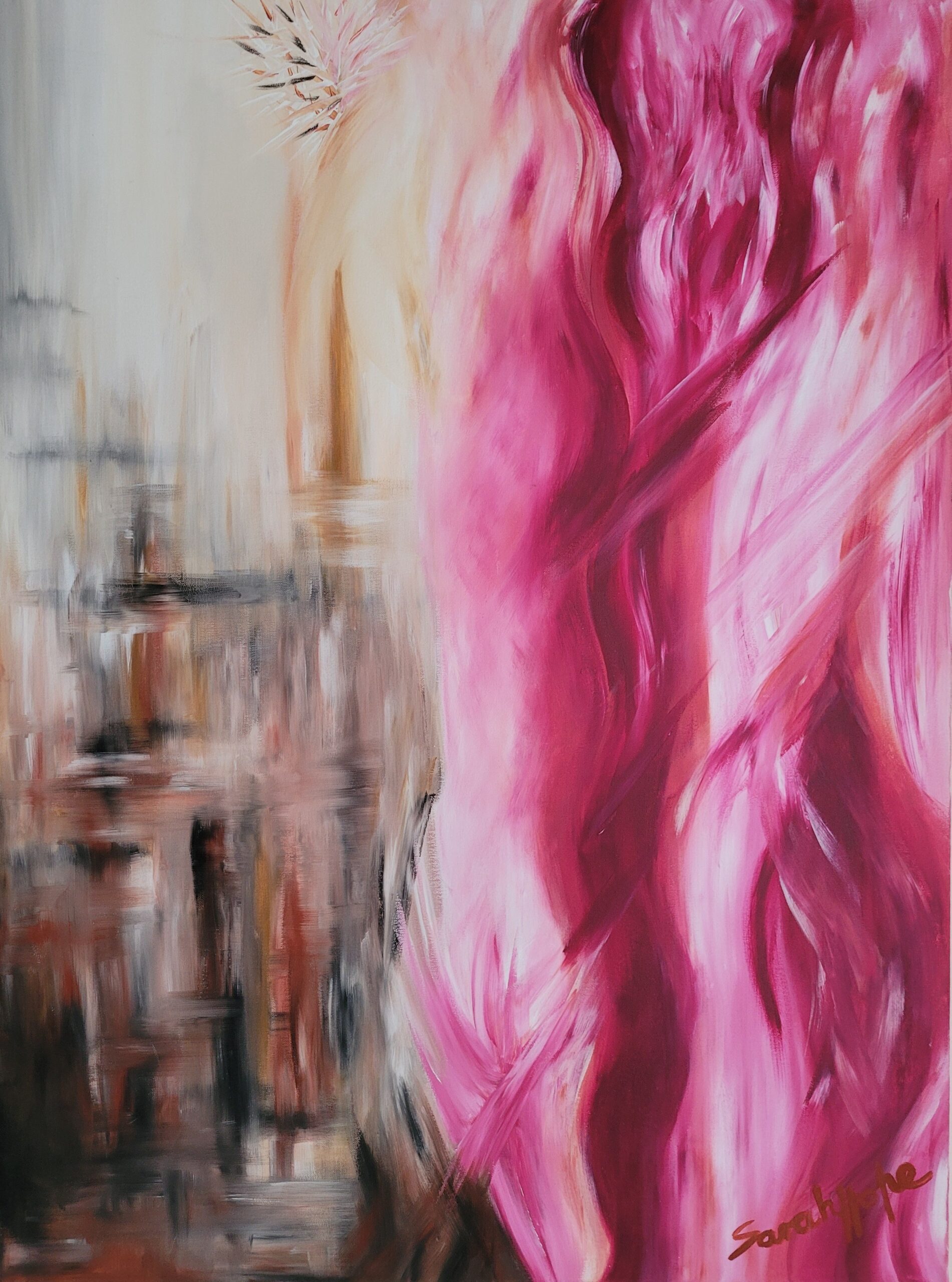 Abstract oil painting titled "War and Peace" by Sarah Hope, depicting a contrast between rigid, dark architectural forms on the left and flowing, vibrant magenta and pink strokes on the right, symbolizing the Heart Chakra (Anahata).