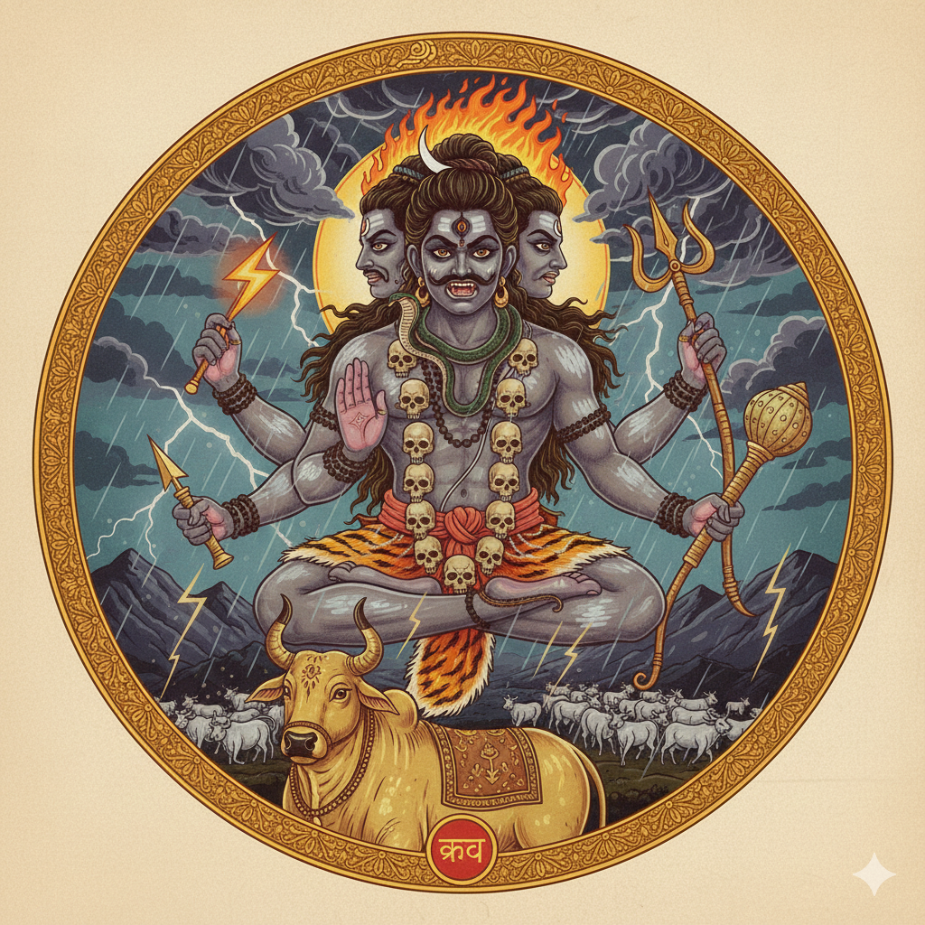 A fierce, dark-blue-skinned Rudra (The Howler) with three faces and multiple arms, seated in a meditative posture above a bull and a herd of cattle. He holds a lightning bolt, trident, and bow amidst a backdrop of storm clouds, lightning, and fire.