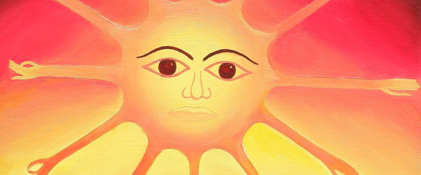 Original painting 'The Creator Sun Ra' by Sarah Hope, depicting a sun with many arms and mudras, representing traditional spiritual wisdom.