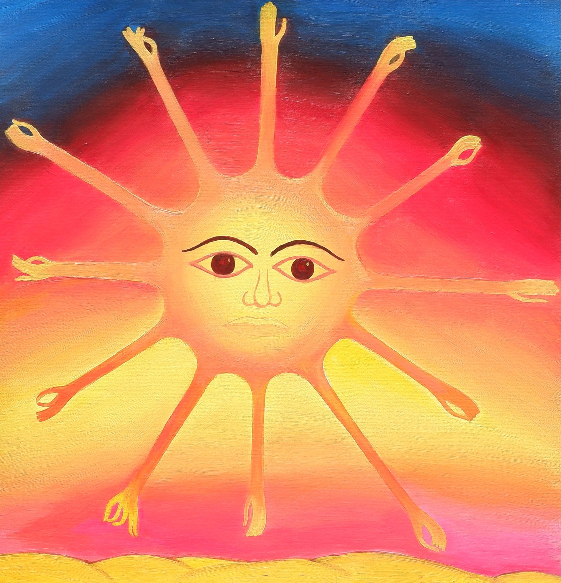 Original painting 'The Creator Sun Ra' by Sarah Hope, depicting a sun with many arms and mudras, representing traditional spiritual wisdom.