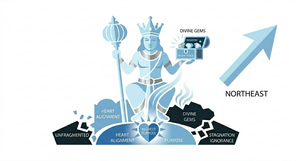 Blue figure of Ishana pointing to the northeast aligning our heat with our true purpose to grant us the highest divine gems, wisdom and inner peace