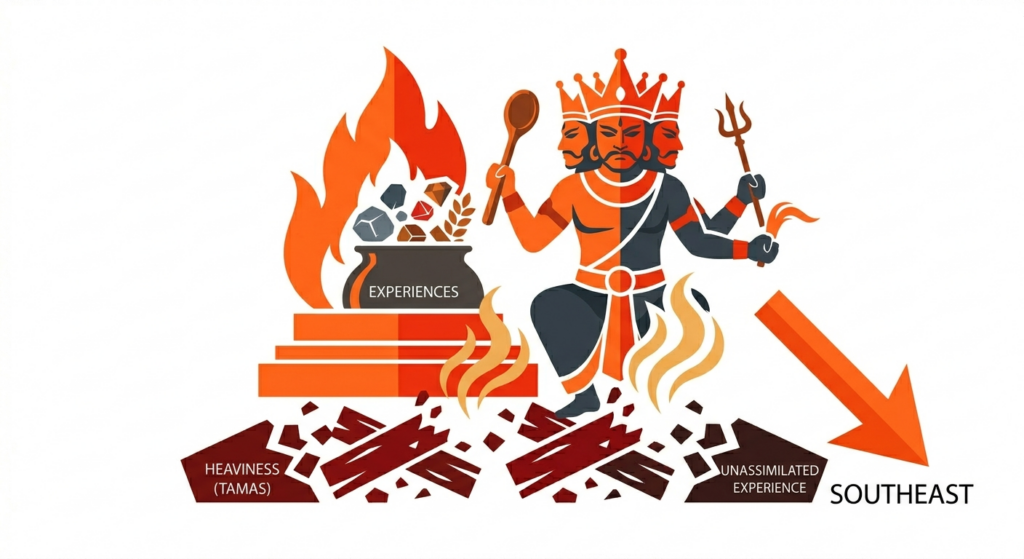 flames and ashes of Agni guarding the southeast direction of the digestion of experiences so we don't feel heavy