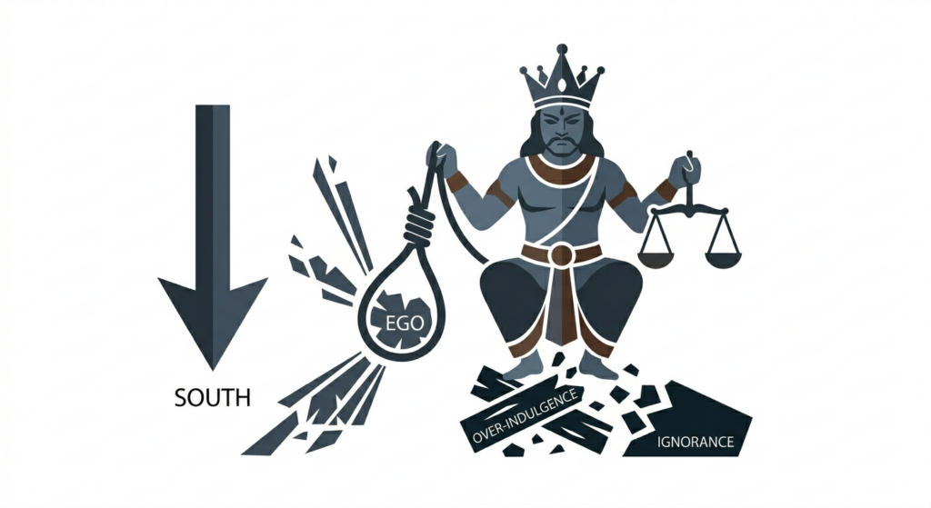 grey god guarding the south holding a noose to reign in our thoughts and scales to act as good judgement