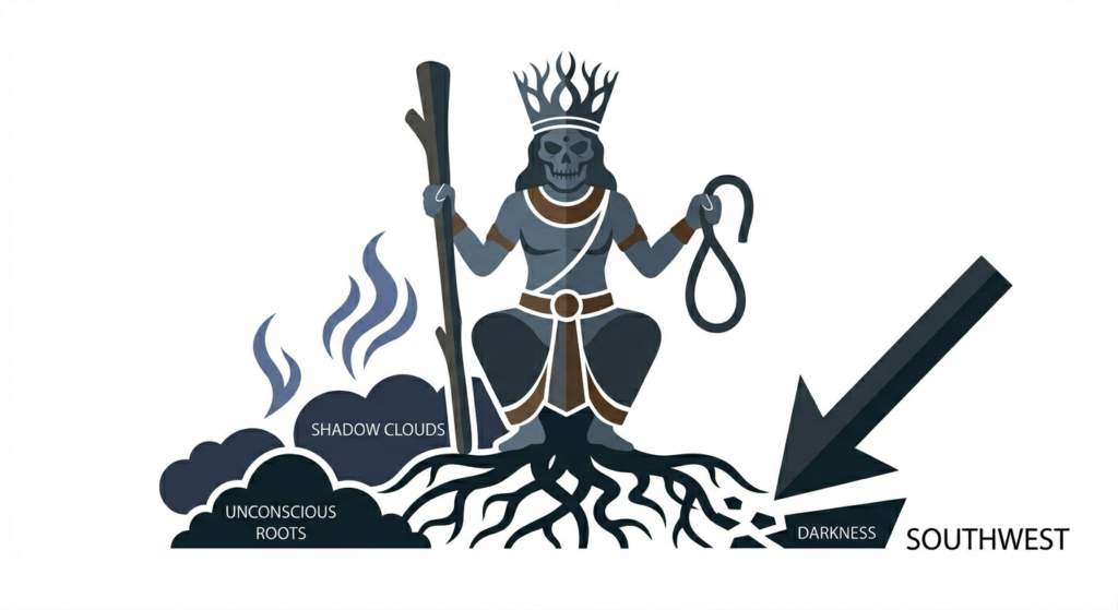 grey god, Nritti guarding the roots of our unconscious, our shadow self and darkness holding a noose and staff Transmutation, Nirriti, Ignorance, Shadow work.
