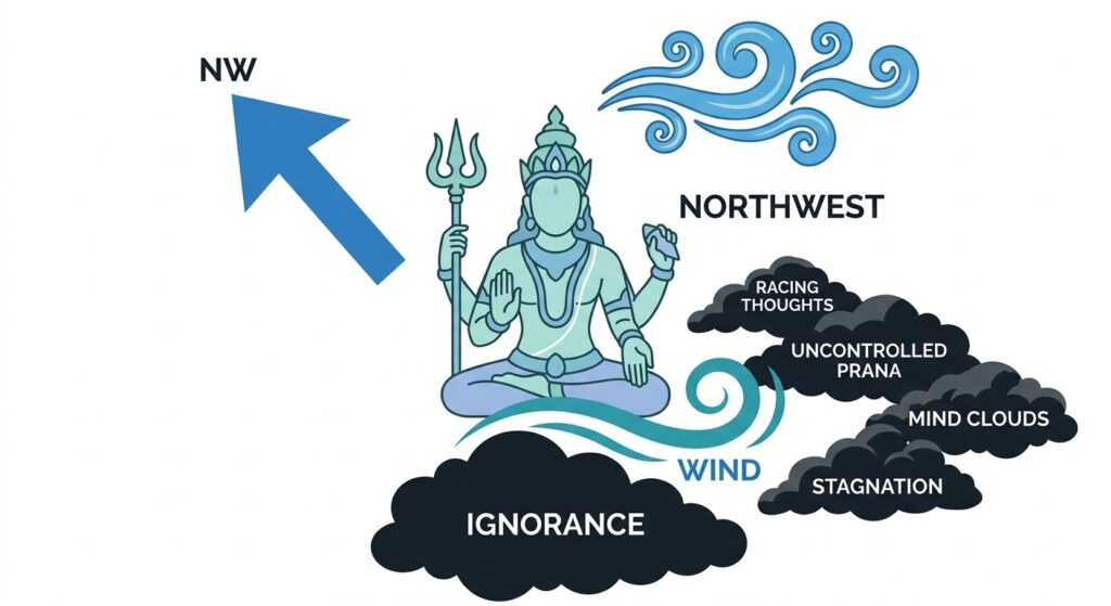 Diagram of the Northwest petal of the Hrit Chakra showing Vayu, wind elements, and obstacles like mind clouds and stagnation.