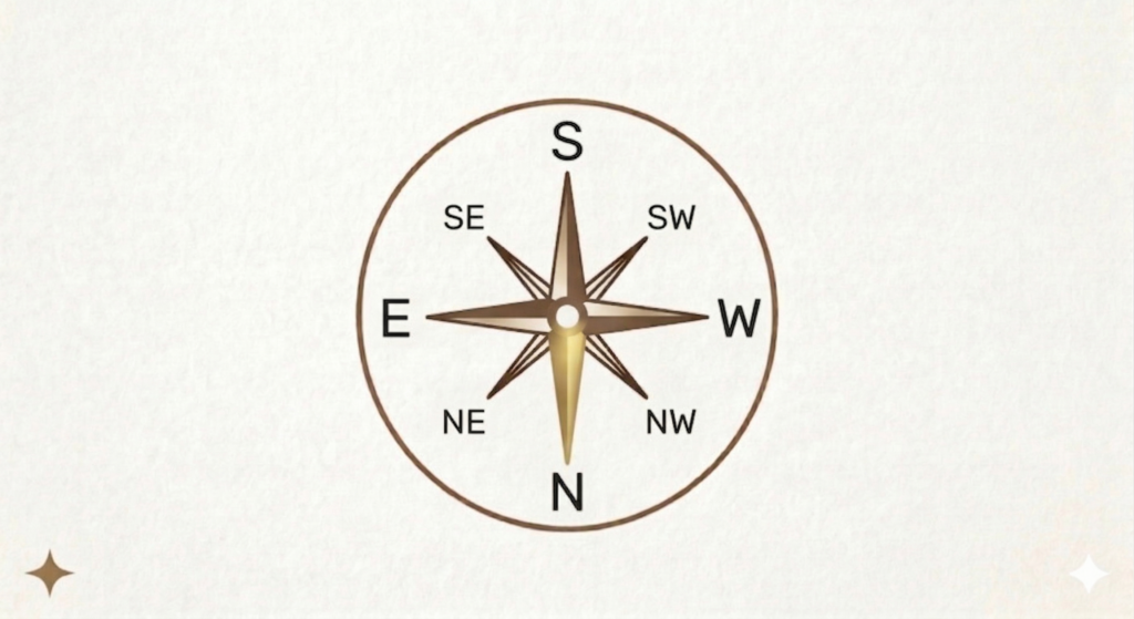 A diagram of a Southern Hemisphere compass re-aligned to show the directional coordinates. The compass rose star has metallic gradients on cream paper, with South (S) at the 12 o'clock position and North (N) at the 6 o'clock position.