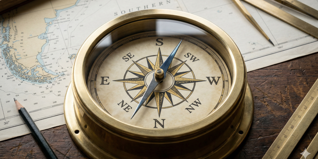 An antique brass nautical compass resting on a maritime chart of the Southern Hemisphere. The compass represents the sovereign geographic alignment of the Hrit Chakra for practitioners in Australia, oriented with South at the top.