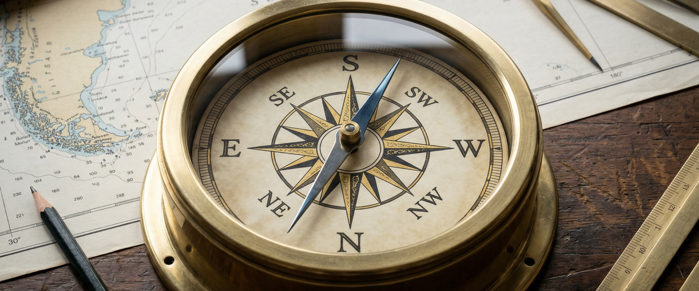 An antique brass nautical compass resting on a maritime chart of the Southern Hemisphere. The compass represents the sovereign geographic alignment of the Hrit Chakra for practitioners in Australia, oriented with South at the top.