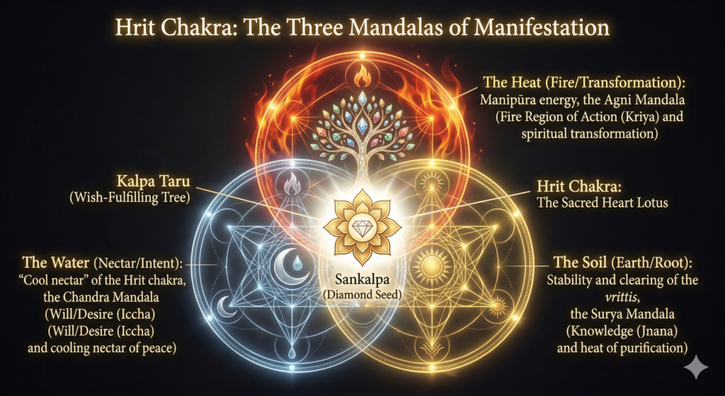 A Venn diagram of blue, gold, and red mandalas intersecting at a golden lotus to form the Hrit Chakra.
