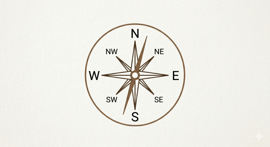 A clean, minimalist digital illustration of a traditional compass rose centered on a light, textured off-white background. The design features a circular outer border enclosing an eight-pointed star that marks the cardinal directions—North, South, East, and West—along with the intercardinal directions—Northeast, Northwest, Southeast, and Southwest—labeled in a simple, dark brown sans-serif font. A stylized, vintage-inspired magnetic needle with a gold hue cuts vertically through the centre, pointing slightly east of north.