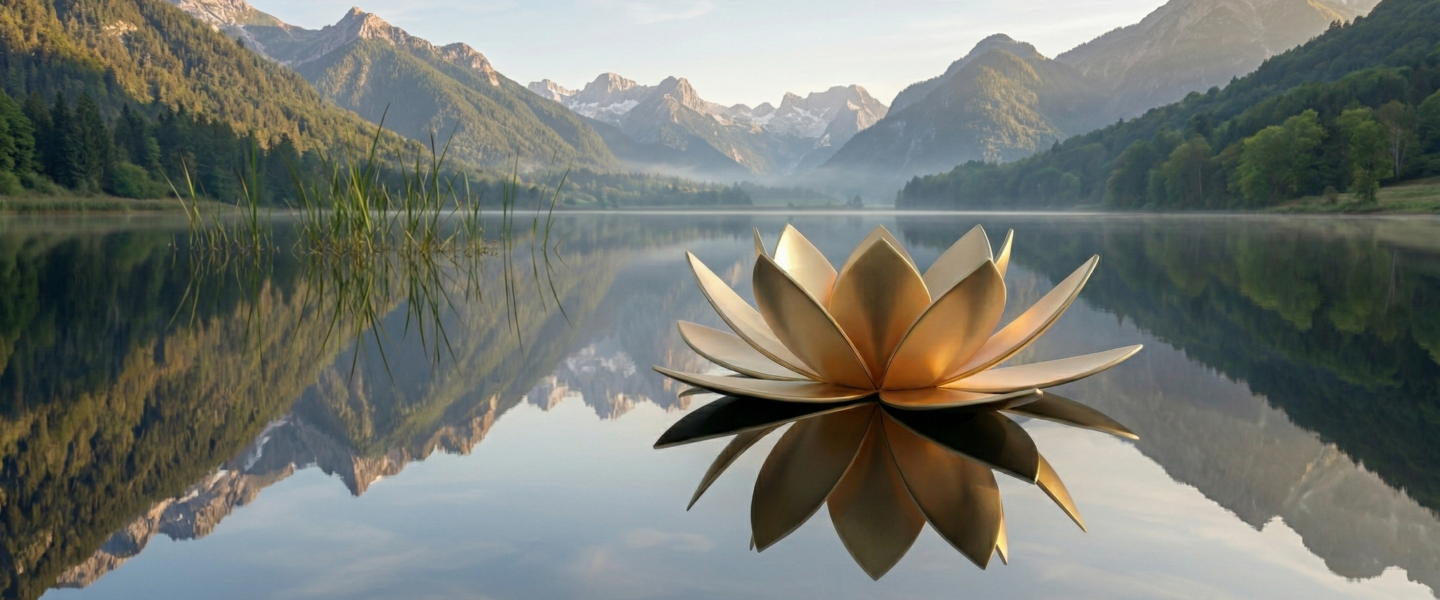 A wide panoramic landscape showing a large, pristine golden lotus floating on a perfectly still alpine lake. The clear water perfectly reflects the lotus petals and the towering, green and rocky mountain ranges in the background under a soft morning sky.