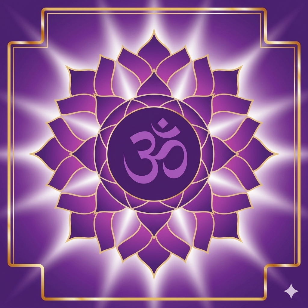 A radiant purple Sahasrara crown chakra mandala featuring the sacred Om symbol in a central circle, surrounded by layered lotus petals with gold outlines.