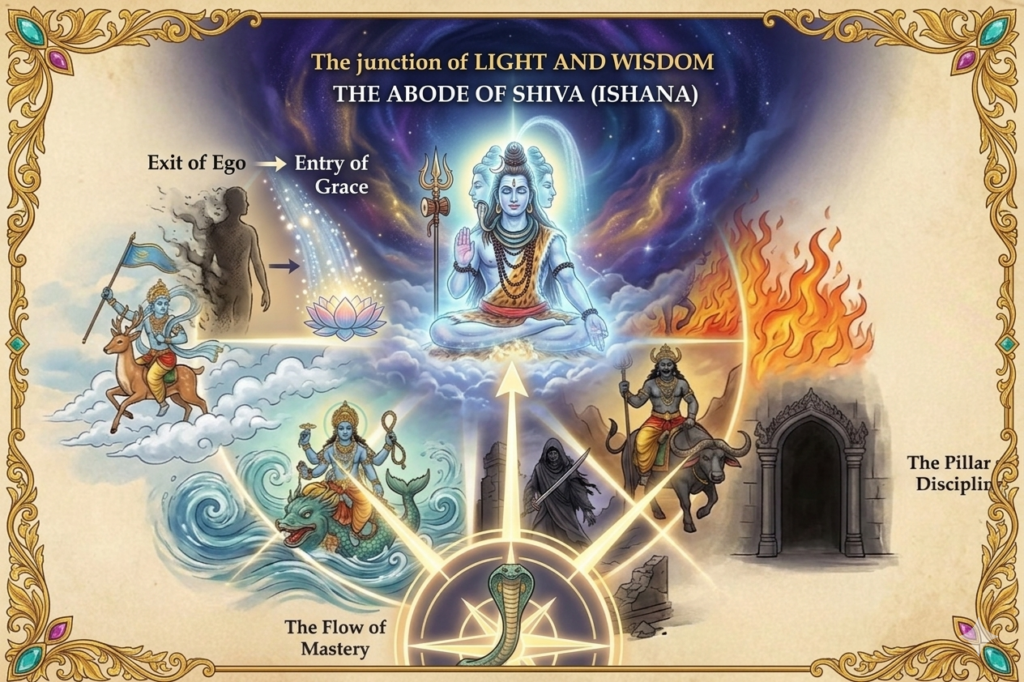 Tantric diagram of the Hrit Chakra (Secret Heart) mapping the 8 Ashta-Dikpalas, including Yama, Varuna, Indra, and Sadasiva as Ishana. Oriented for the Southern Hemisphere (South at Top), it illustrates the '8 Actions of the Mind' according to Agamic teachings.
